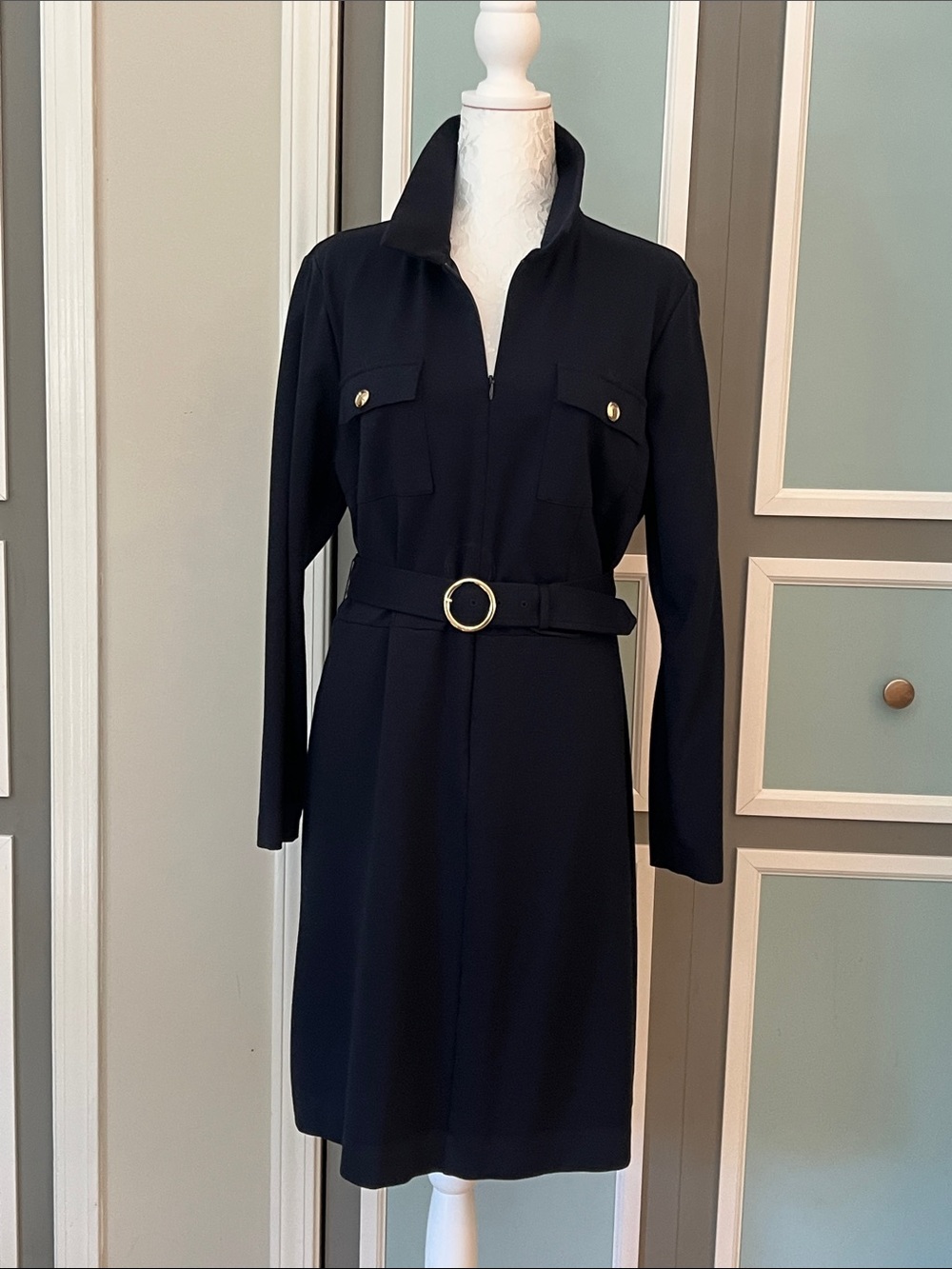 Talbots Navy Belted Jersey Shirt Dress with Gold Buttons NEVER WORN